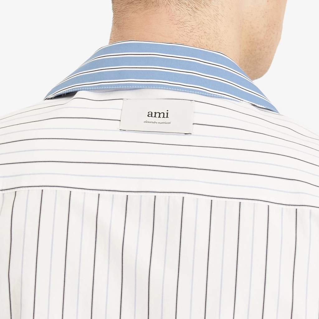 AMI Paris Men's Camp Collar Contrast Stripe Boxy Shirt Off-White/Blue Note/Navy